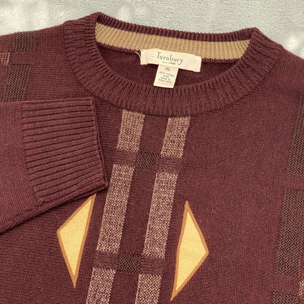 Turnbury Mens XL Burgundy 100% Merino Wool Geometric Intarsia Crewneck Sweater